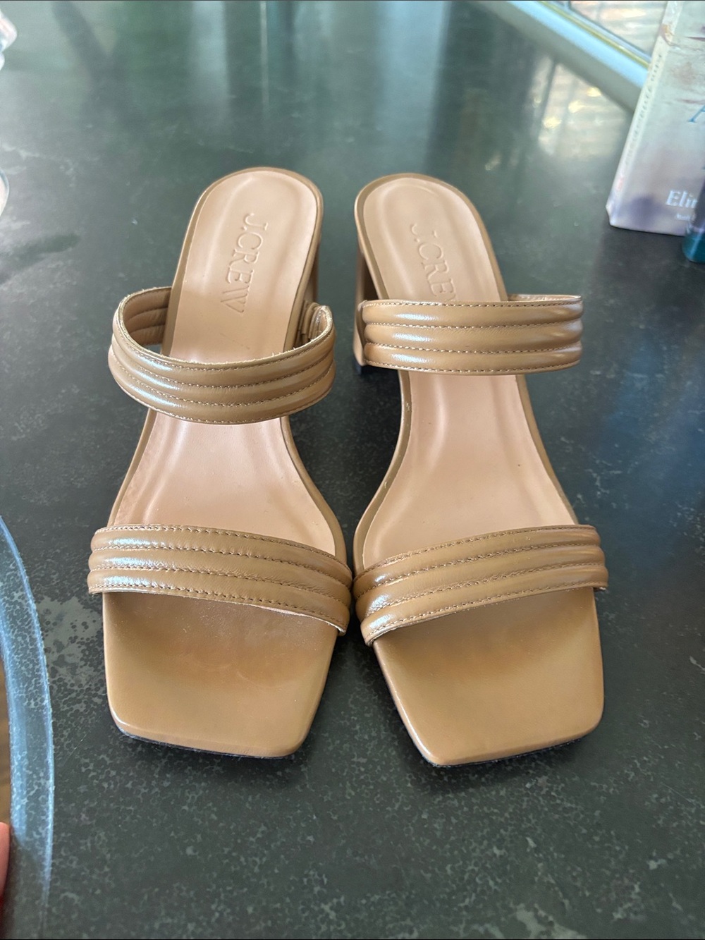 J. Crew Tan Double-Strap Square-Toe Slide Sandals